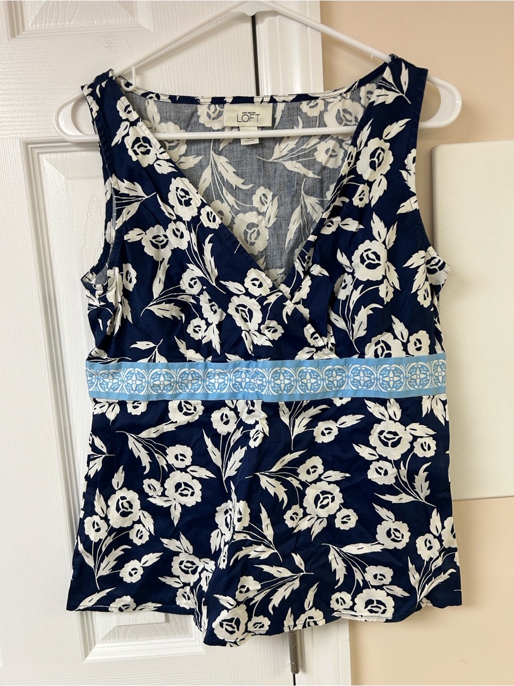 LOFT Navy and White Floral Tank with Light Blue Waist Band